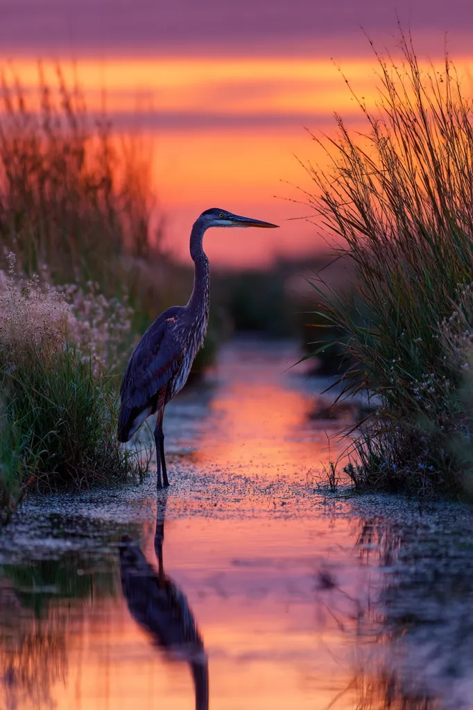 A great blue heron stands in a calm, shallow waterway at sunset. The vibrant orange and purple hues of the sky are reflected in the water, creating a picturesque scene.  Tall grasses frame the heron on either side of the narrow channel. The heron's silhouette is partially mirrored in the water, enhancing the serene beauty of the image.