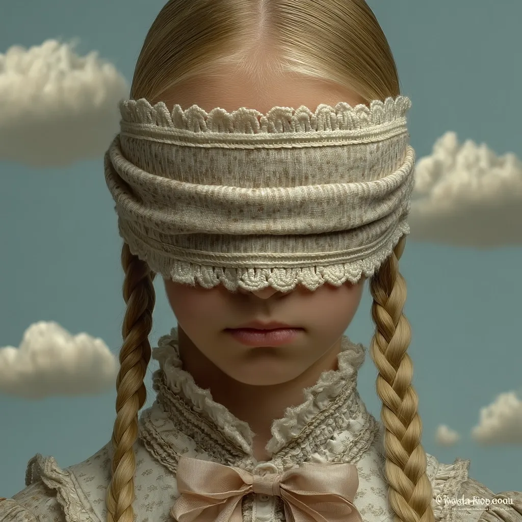 A young girl with blonde pigtails wears a beige fabric blindfold adorned with lace.  Her expression is serious and her gaze is hidden. She is dressed in a delicate, light-colored, ruffled dress.  The background features soft, fluffy clouds against a pale blue sky, creating a dreamy and slightly melancholic atmosphere.  The image suggests themes of innocence, mystery, and the unknown.