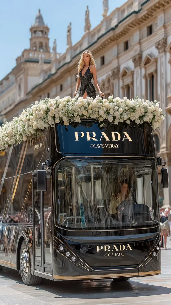 A glamorous model in a black sequined dress stands atop a lavish, black Prada bus adorned with white flowers. The bus, a symbol of luxury, is parked in front of a grand, classical building in a sun-drenched European city.  The scene evokes a high-fashion, sophisticated atmosphere, showcasing the brand's elegance and style.  The overall image is striking and memorable.