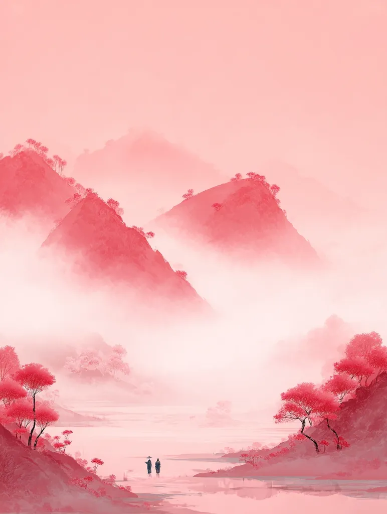 A serene, misty landscape painted in soft, rosy hues.  Rolling hills, shrouded in a delicate pink fog, gently slope down to a calm, reflective water.  Two small figures, possibly travelers, walk along the water's edge, adding a sense of scale and quiet contemplation to the scene.  Sparse, stylized trees dot the hillsides, contributing to the overall peaceful and ethereal atmosphere.