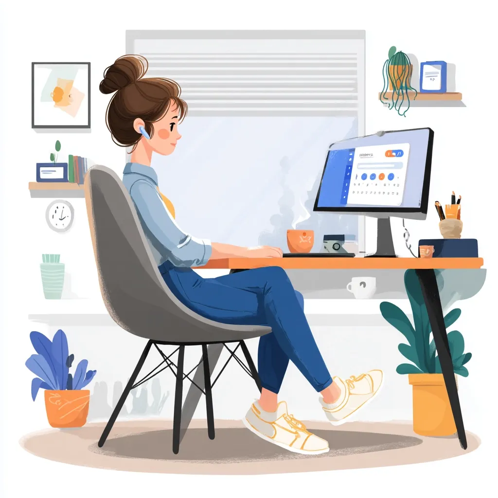 A young woman with brown hair in a bun sits at a desk in a bright, modern home office.  She wears earbuds and casual clothing, working on a computer displaying a website or application. The desk is organized with a mug, potted plants, and art supplies. The overall style is clean and cheerful, suggesting a productive and comfortable workspace.