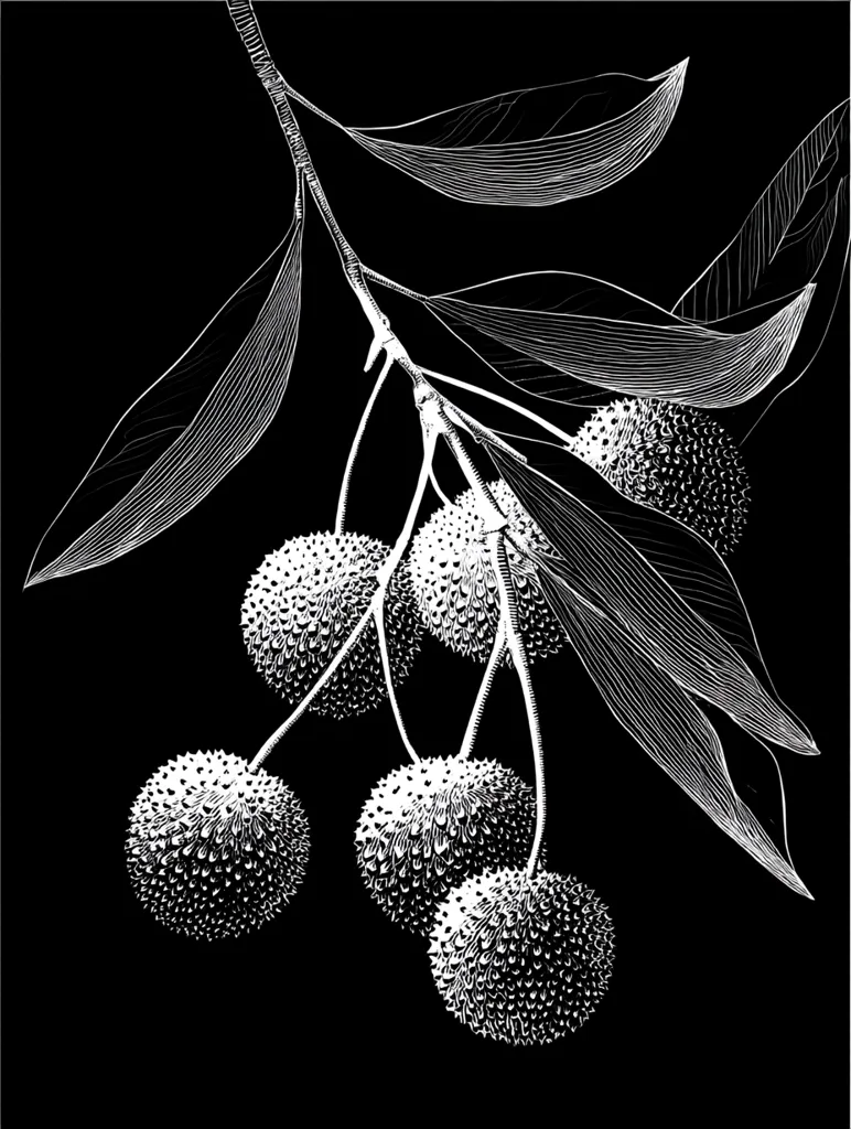 A striking black and white illustration showcases a branch laden with buttonbush fruits.  The detailed linework emphasizes the texture of both the spiky fruits and the delicate leaves.  The contrast against the dark background enhances the graphic quality of the botanical artwork. The composition is elegant and visually arresting, suggesting a focus on natural detail and form.