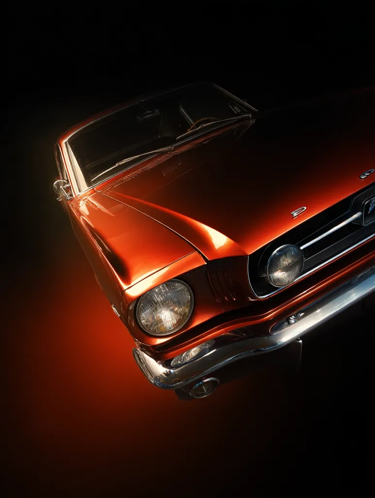 A classic, metallic orange Ford Mustang is captured in a dramatic low-angle shot against a dark background.  The focus is on the front of the car, highlighting its sleek lines, gleaming headlights, and polished chrome bumper. The rich color and smooth curves of the vehicle are emphasized by the dark setting, creating a sense of power and elegance.  The image evokes a feeling of nostalgia and automotive admiration.
