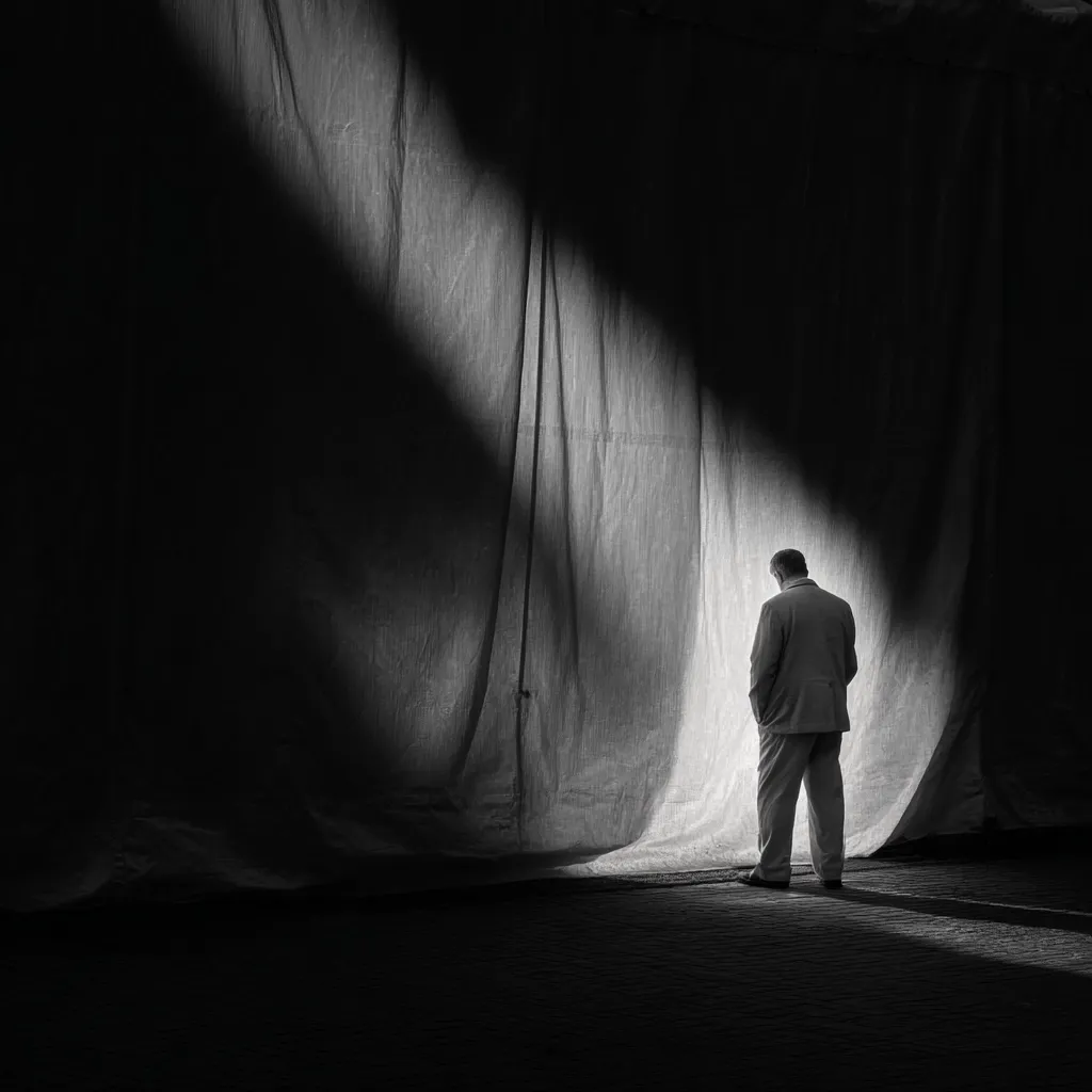 A solitary figure, dressed in light-colored clothing, stands with their back to the camera. They are positioned in a dimly lit space, illuminated only by a single, strong beam of light cutting through the darkness.  The background consists of a large, textured curtain or tarp, creating a stark contrast between light and shadow. The overall mood is contemplative and somewhat melancholic.