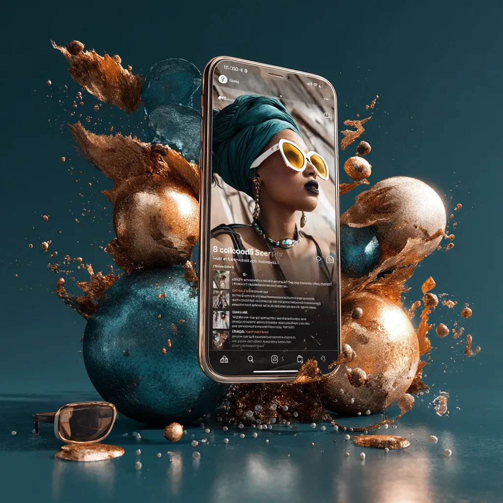 A smartphone displays a social media feed featuring a stylish woman in a vibrant headwrap and sunglasses.  The phone is positioned amidst abstract, metallic spheres in shades of gold and teal, with splashes of liquid gold creating a dynamic, luxurious visual.  The overall aesthetic is modern and sophisticated, suggesting a high-end product or campaign.  A pair of sunglasses rests near the phone, mirroring the woman's style.