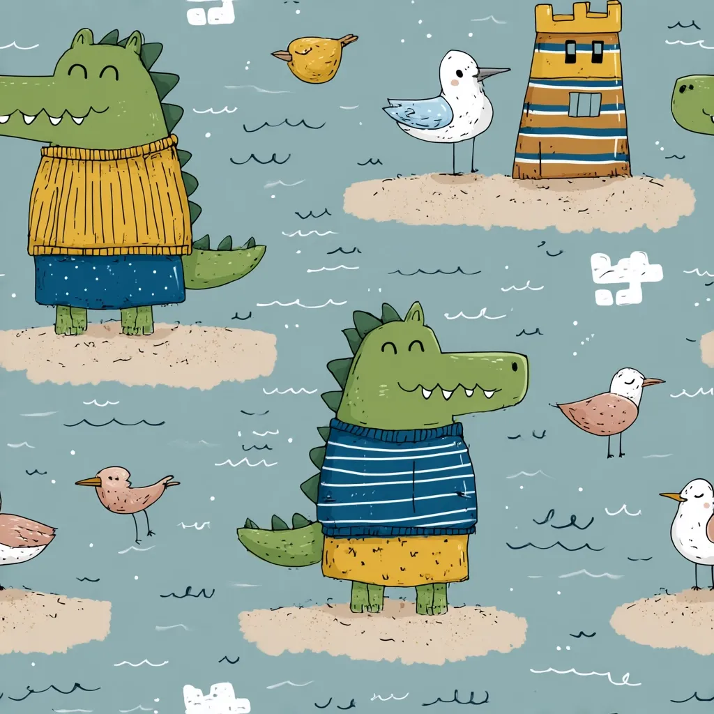 A whimsical seamless pattern features friendly crocodiles wearing striped sweaters and short skirts, standing on small islands in a calm sea.  Birds, including seagulls and small songbirds, add to the seaside scene, along with a charming sandcastle. The overall style is playful and cartoonish, with soft colors and simple lines.
