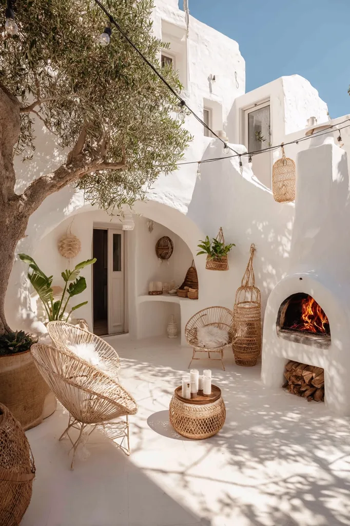 A sun-drenched Mediterranean courtyard, painted in calming whites, features a charming seating area with woven rattan chairs and a low coffee table.  String lights hang overhead, casting a warm glow.  An outdoor fireplace crackles merrily, adding to the cozy ambiance. Lush greenery and hanging baskets complete the idyllic, relaxed scene. The architecture is traditional, with arched doorways and whitewashed walls.