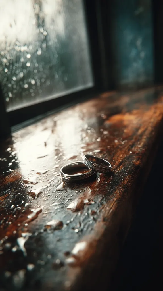 Two wedding rings rest on a rain-soaked wooden windowsill.  The dark wood gleams with water droplets, reflecting the dim light.  A rain-streaked window is visible in the background, blurring into a soft, out-of-focus backdrop. The scene evokes a sense of intimacy and quiet contemplation.