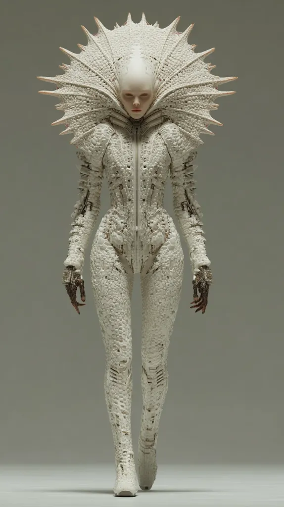 A striking figure in a futuristic, off-white ensemble walks forward.  The intricate, textured bodysuit and towering collar are reminiscent of both archaic and advanced design. The pale face and serene expression suggest a blend of human and artificial elements, creating a captivating image of otherworldly elegance.  The overall effect is one of both delicate beauty and formidable strength.