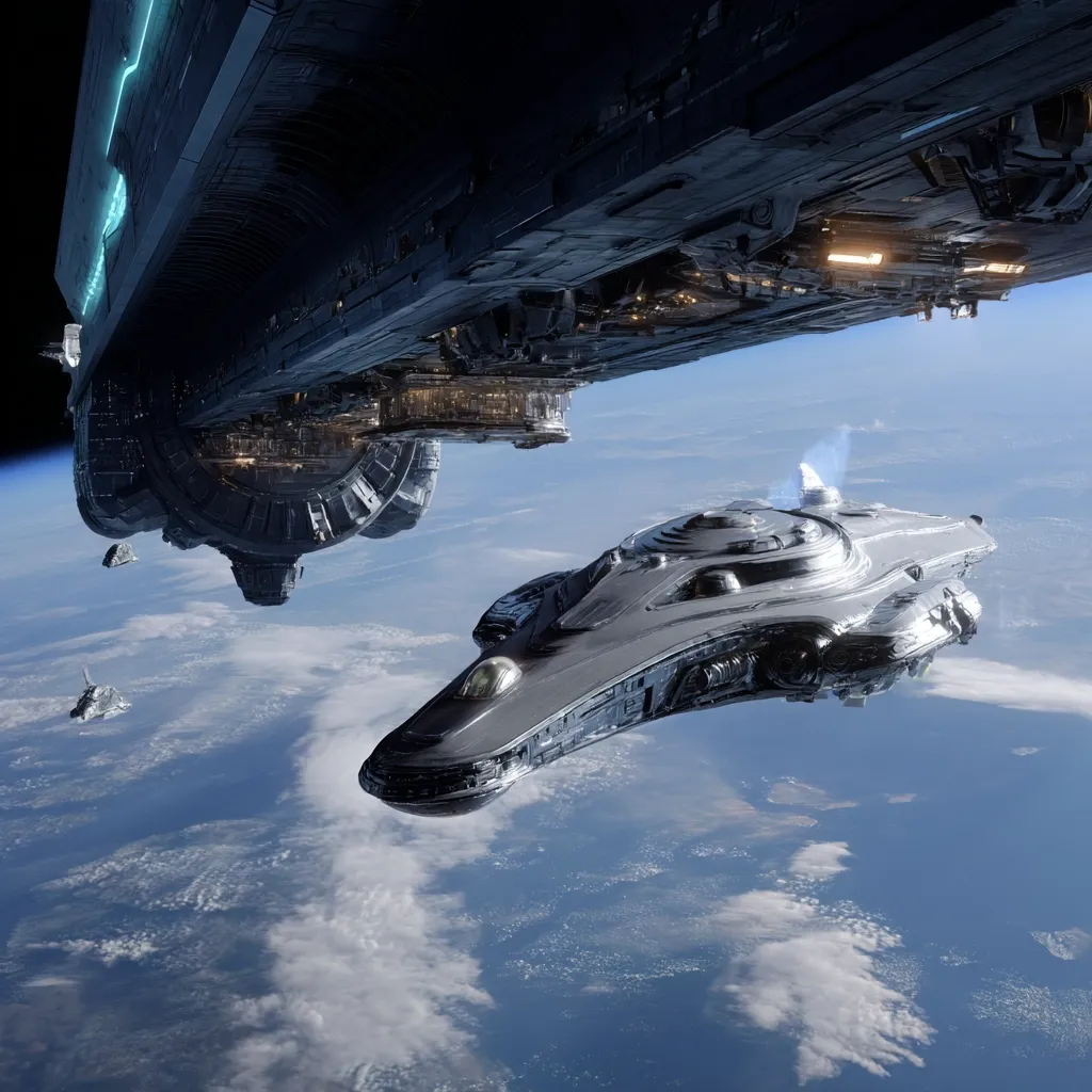 A massive, dark grey spaceship, possibly a mothership, hangs above a planet's atmosphere.  A smaller, sleek spacecraft is positioned below it, seemingly in its orbit.  Several smaller vessels are visible in the distance. The scene is set against a backdrop of swirling clouds and a blue and white planet, suggesting a science fiction or space opera context.