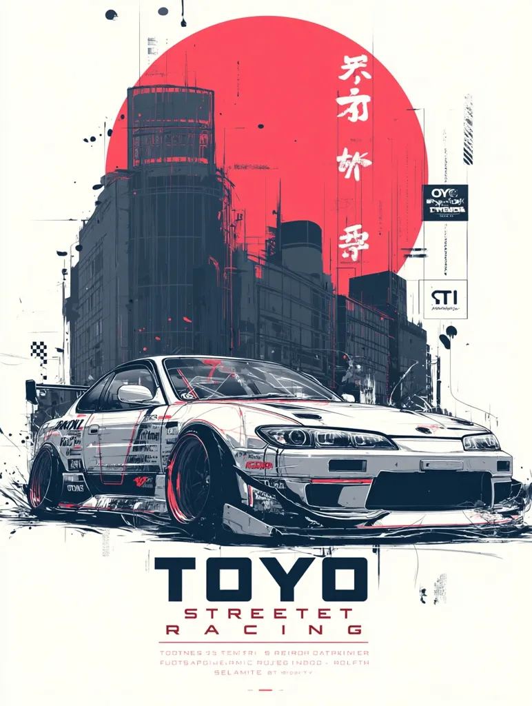 A stylized illustration showcases a silver Nissan Silvia S14 street racing car prominently featured against a backdrop of a city skyline at sunset.  Japanese characters are visible, along with various graphic design elements and sponsor logos. The overall aesthetic is gritty and urban, combining elements of street art and automotive culture.  The words "TOYO STREET RACING" are boldly displayed at the bottom.