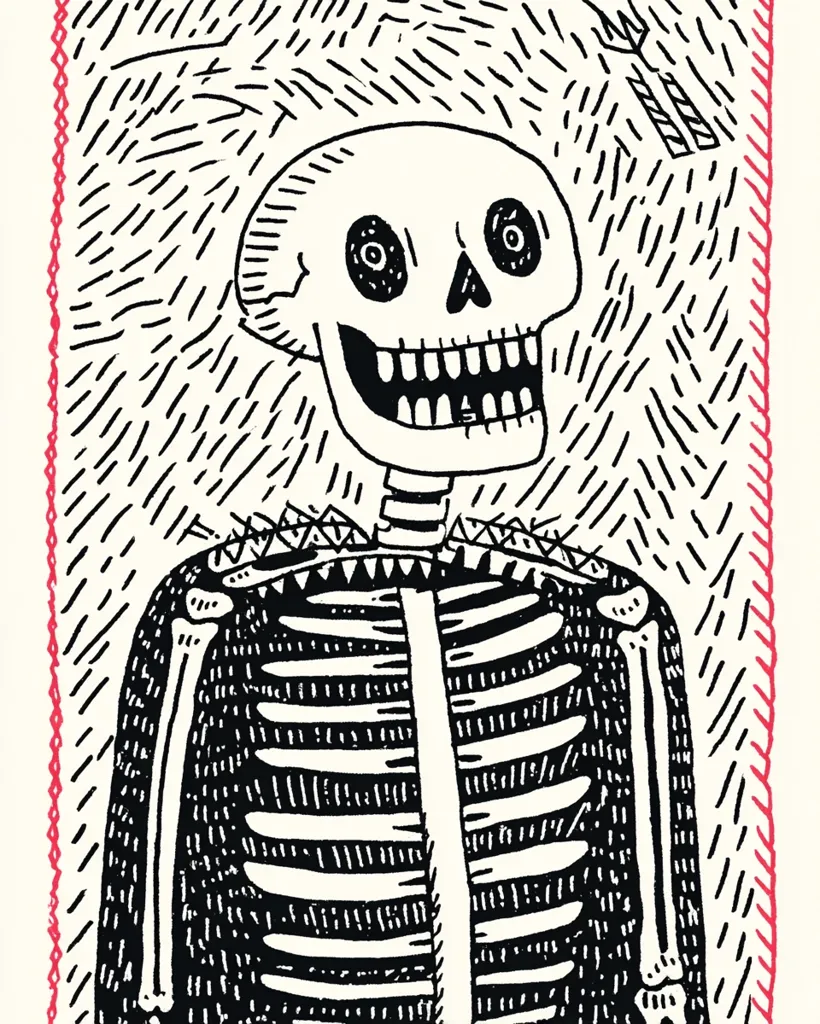 A black and white illustration of a grinning skeleton, depicted from the chest up.  The skeleton is wearing a dark, patterned garment.  The style is reminiscent of folk art, with bold lines and a hatched background.  The skull features large, circular eyes, and the rib cage is clearly detailed. The image is framed by a red, decorative border.