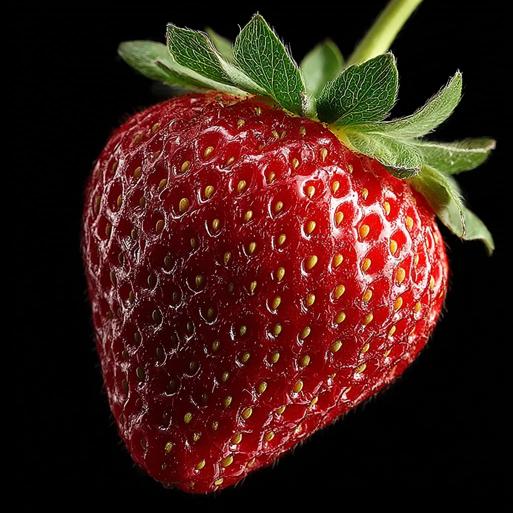 A vibrant, ripe strawberry is showcased against a stark black background.  Its deep red hue is accentuated by the glistening surface, dotted with tiny yellow seeds.  The green calyx and stem add a striking contrast, emphasizing the freshness and juicy texture of the fruit.  The close-up shot highlights the intricate details of the strawberry's surface.