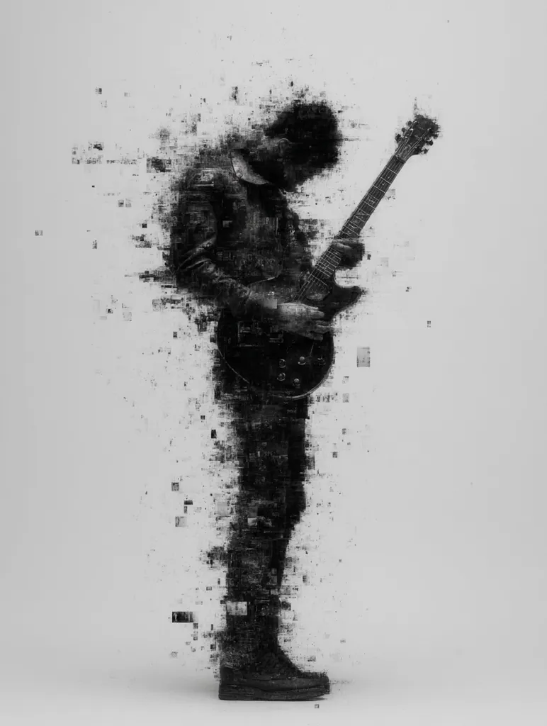 A monochromatic image depicts a guitarist, seemingly dissolving into pixels.  The figure, clad in a leather jacket, is captured mid-performance, their body partially obscured by a digital disintegration effect. The electric guitar is sharply defined, contrasting the artist's pixelated form against a plain, light gray background. The overall aesthetic evokes a sense of digital decay or the ephemeral nature of performance.