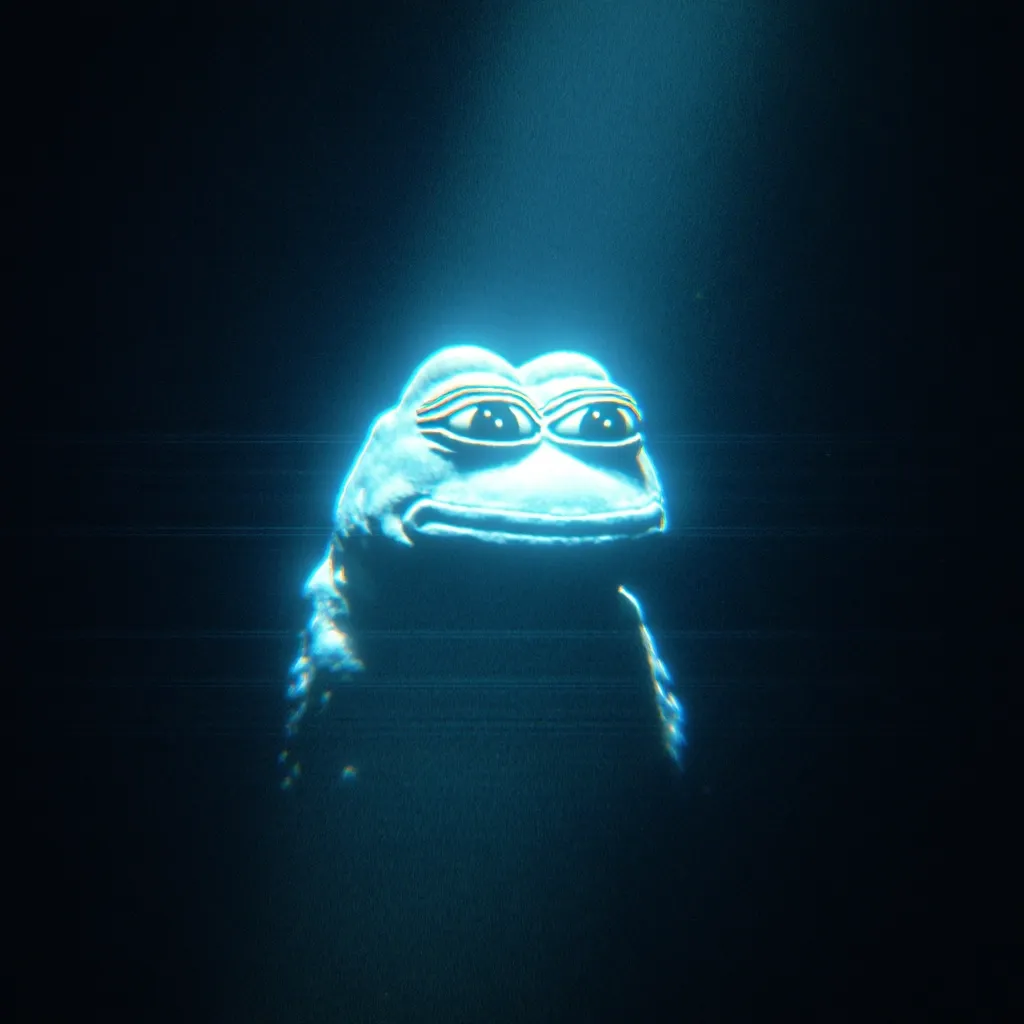 A digital rendering of Pepe the Frog, the internet meme, is depicted in a dark, ethereal setting.  Illuminated by a soft, blue light from above, Pepe appears almost translucent, with a subtle glitching effect adding to the otherworldly atmosphere.  The background is predominantly black, creating a stark contrast and emphasizing the frog's spectral presence. The image has a melancholic, slightly unsettling mood.