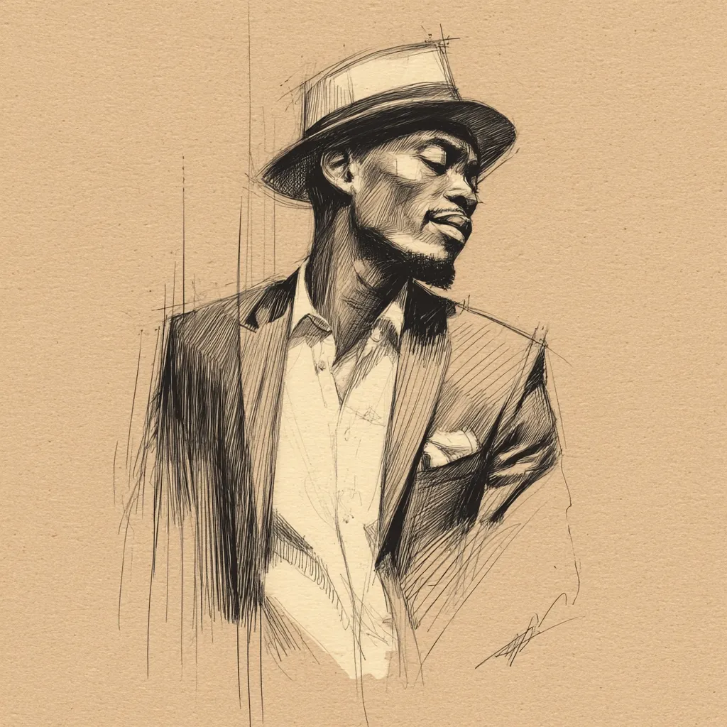 A stylized pencil sketch depicts a man in a suit and fedora.  His eyes are closed, head slightly bowed, suggesting a pensive mood.  The artist uses shading and linework to create texture in the clothing and hair, capturing a sense of depth and character. The background is a muted beige, contrasting with the darker tones of the figure. The overall style is expressive and evocative.