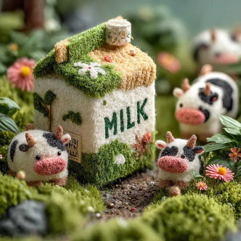 A miniature milk carton, crafted from yarn and adorned with moss and flowers, sits amidst a whimsical landscape.  Several adorable felted cows, black and white with pink noses, surround the carton.  The scene is meticulously detailed, creating a charming, idyllic farm setting.  The overall effect is one of gentle whimsy and handcrafted charm.