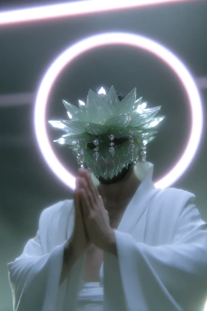 A person in a flowing white robe wears a striking, crystalline face mask resembling a stylized flower or crystal structure.  The mask is adorned with dangling accents.  The individual's hands are pressed together in a prayer-like gesture.  A luminous halo-like ring is subtly visible behind them, creating a mystical and ethereal atmosphere. The overall image is stylized and suggestive of a futuristic or fantasy setting.