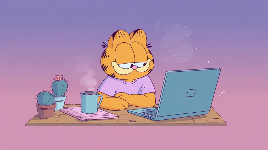 Garfield, the orange cat, sits at a desk with a laptop, a mug of coffee steaming beside him.  Two small cacti in pots are on the desk. The background is a soft purple gradient.  The overall style is minimalist and cartoonish, with a calm and slightly melancholic vibe.  Garfield appears to be working or perhaps just observing something on the screen.