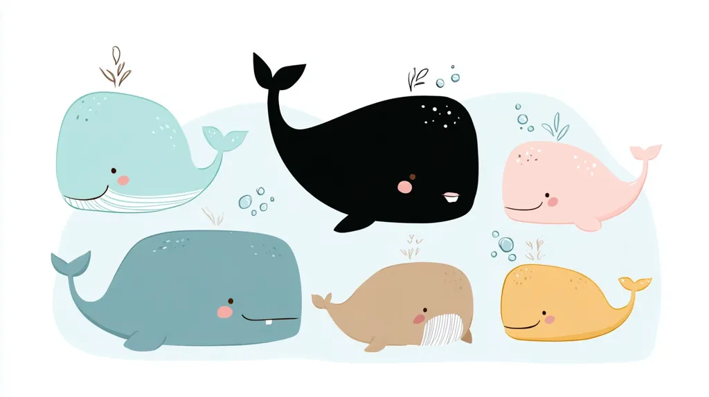 A charming illustration features six cartoon whales of varying colors and sizes, swimming amidst light blue water.  The whales are depicted in a playful, childlike style, with simple features and soft pastel hues.  They include light blue, dark black, light pink, teal, tan and orange whales, each with a unique, endearing expression.  The scene is peaceful and evokes a sense of underwater tranquility.