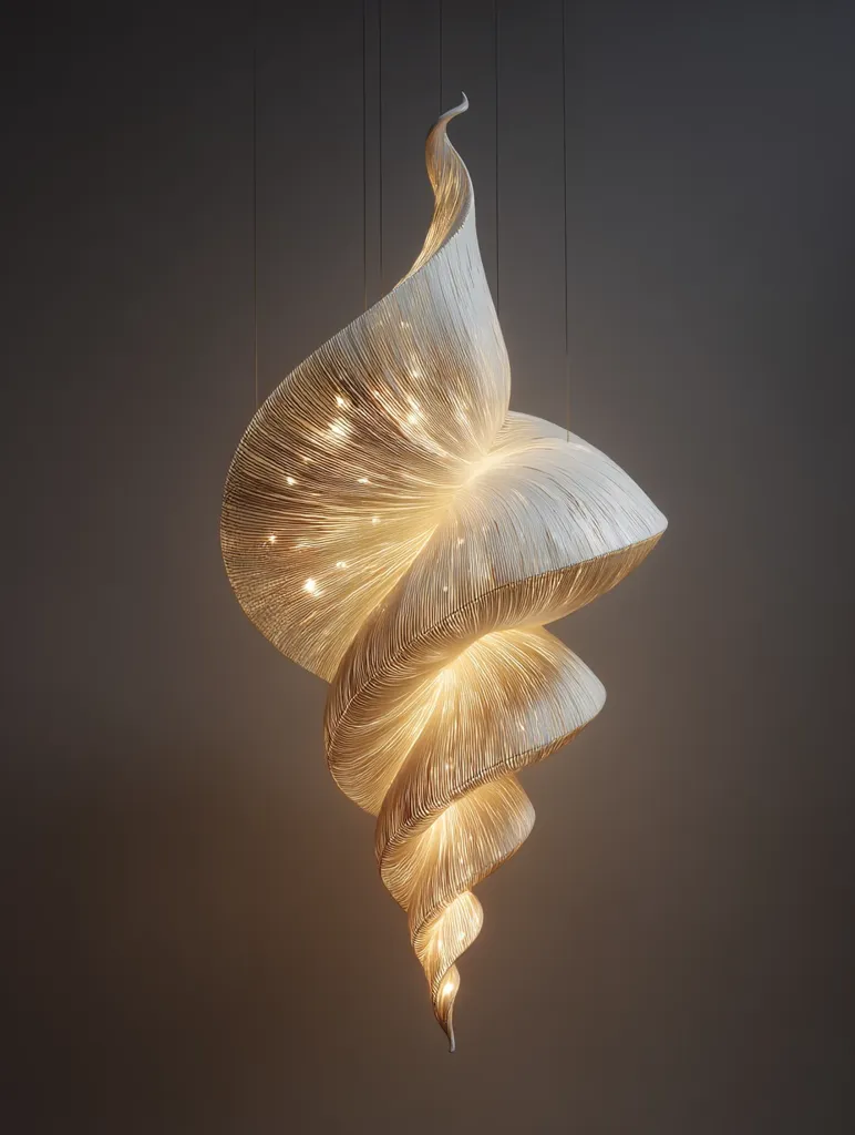 A stunning, spiraling chandelier, crafted from delicate, interwoven strands, hangs against a muted background.  Its organic form resembles a seashell or nautilus, illuminated from within by numerous small lights that create a warm, ambient glow.  The piece is both elegant and modern, a captivating statement light fixture.
