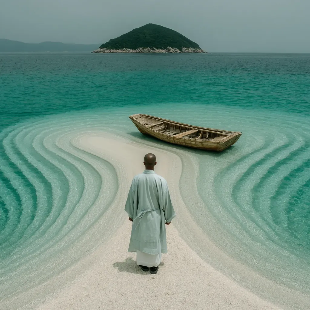 A serene coastal scene unfolds: a man in a light robe stands on a pristine sandy beach, his back to the viewer.  Intricate, wave-like patterns etched into the sand by the receding tide lead towards a small wooden boat gently resting in the turquoise water. A verdant island sits in the distance, completing the tranquil composition.
