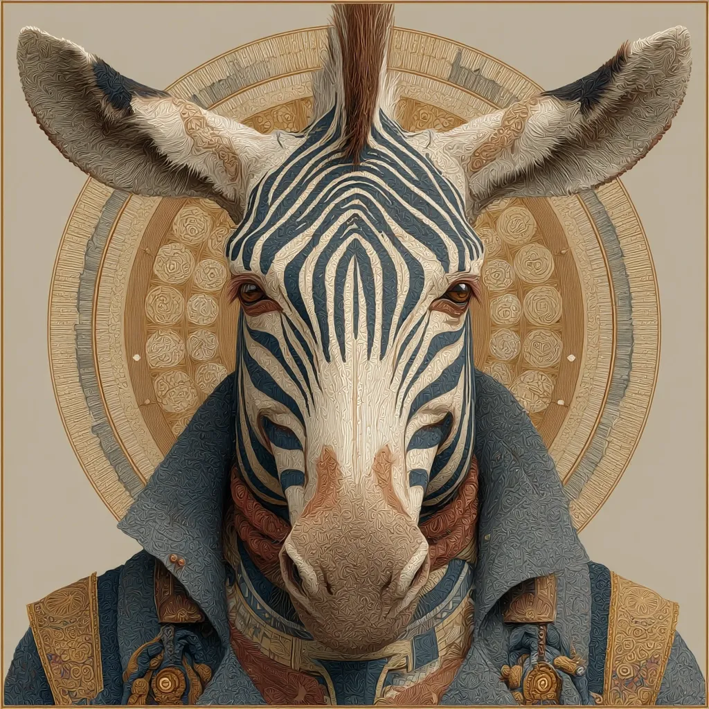 A stylized portrait of a zebra, depicted in a manner reminiscent of classical painting. The zebra's face is the focal point, framed by large ears and a textured, ornate background.  It is dressed in a dark blue coat with gold accents, giving it a regal and sophisticated appearance. The impasto-like texture adds depth and richness to the image.