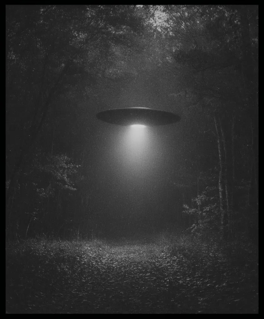 A grayscale image depicts a UFO hovering silently over a dark forest path.  The craft's underside emits a soft, bright light illuminating the misty ground.  The trees are dense and shadowy, creating a mysterious and eerie atmosphere.  The overall effect is one of suspense and otherworldly presence.