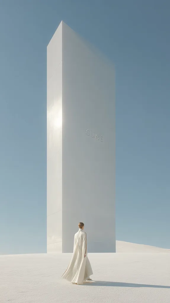 A minimalist image showcases a model in a flowing, off-white gown walking away from a tall, rectangular, white structure inscribed with "CELINE."  The backdrop is a vast, bright, white expanse under a clear blue sky. The scene evokes a feeling of serenity and high fashion.