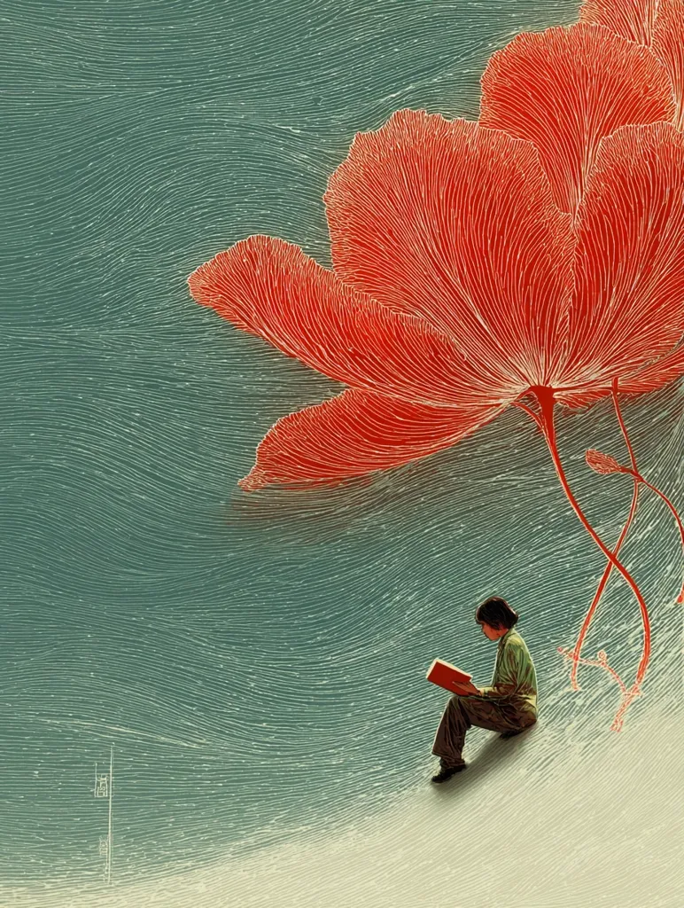 A serene illustration depicts a person sitting on a gently sloping surface, engrossed in reading a red book.  Above them, large, stylized red flowers with intricate, linear details bloom against a textured, teal background suggesting wind or water. The overall mood is peaceful and contemplative, blending organic forms with a sense of quiet solitude. The style is reminiscent of woodblock prints, with bold lines and a limited palette.