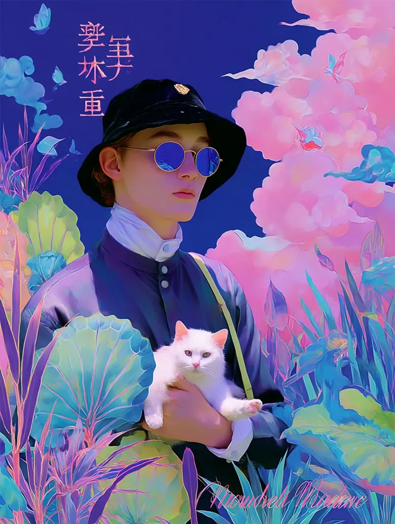 A stylized portrait of a young man in a black bucket hat and sunglasses, holding a white cat.  He's dressed in a collared shirt and jacket, set against a vibrant, surreal backdrop of pastel clouds, lotus leaves, and iridescent foliage.  Chinese characters are visible above his head. The overall aesthetic is dreamy and whimsical, with a blend of realism and fantasy elements.