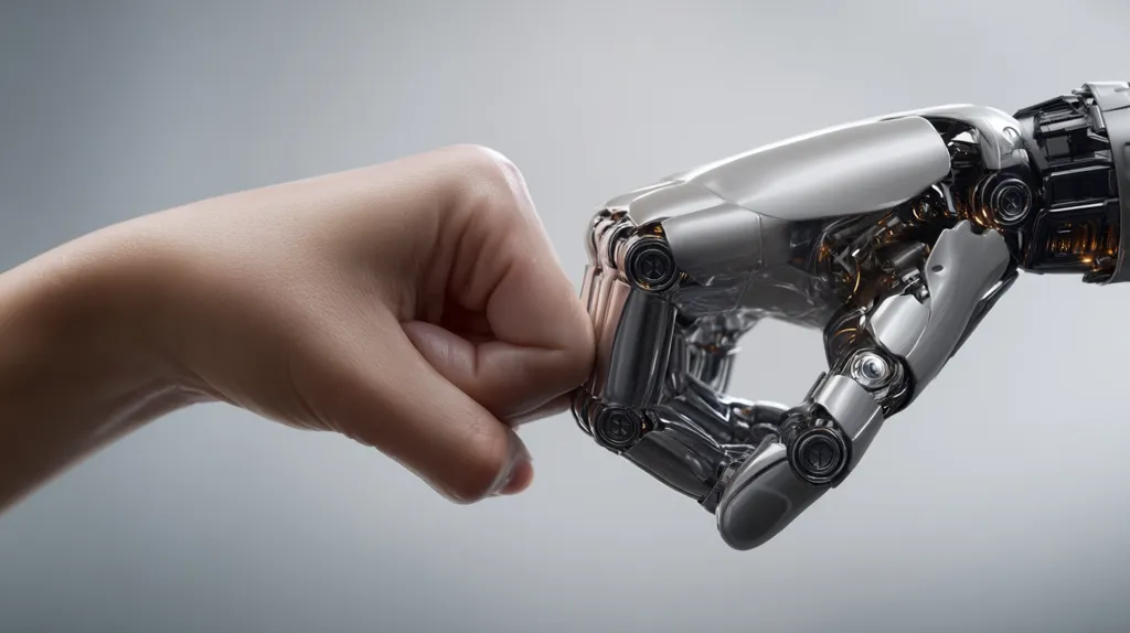 A human hand and a robotic hand are shown in a close-up shot, their fists lightly bumping together. The robotic hand is metallic silver with visible internal mechanisms, while the human hand is flesh-toned. The image creates a visual metaphor for the interaction between humans and artificial intelligence, symbolizing collaboration or connection.  The background is a neutral gray, focusing attention on the hands.