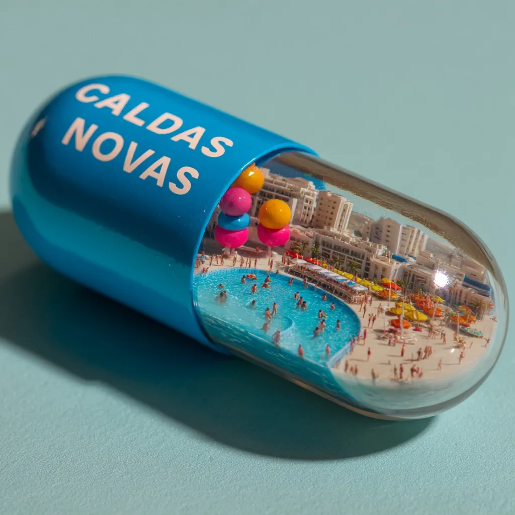 A large blue capsule, labeled "CALDAS NOVAS," contains a miniature scene of a bustling beach and pool area.  Tiny figures are enjoying the sun and water.  Colorful balloons are visible near buildings.  The image suggests a playful representation of a vacation destination, possibly promoting tourism or wellness.