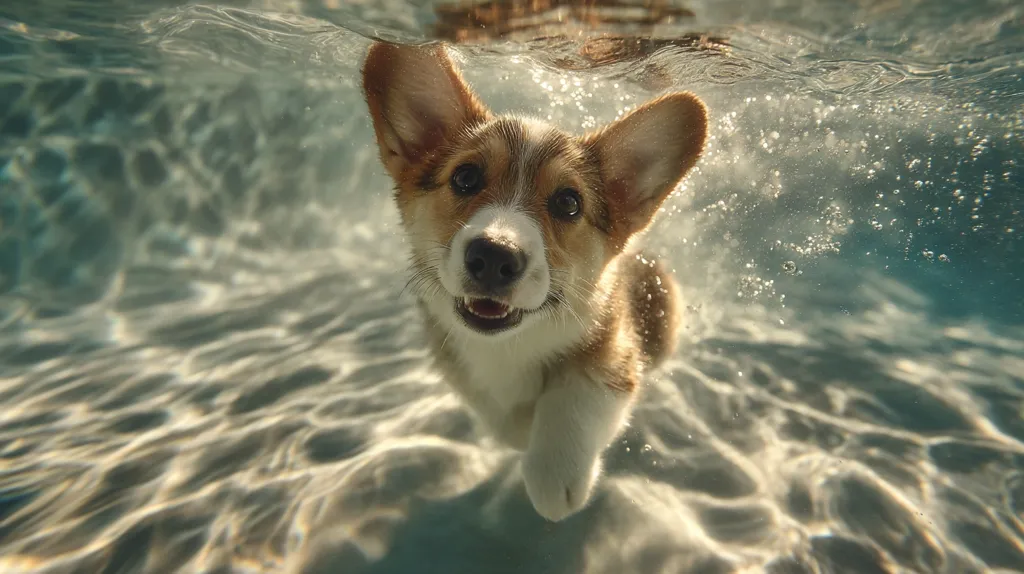 An underwater shot captures a corgi puppy swimming.  The dog's joyful expression is visible as it moves through the water, its fur slightly disturbed by the current. Sunlight filters through the surface, illuminating the scene and creating shimmering reflections on the pool floor.  Bubbles surround the puppy, adding to the dynamic underwater ambiance.