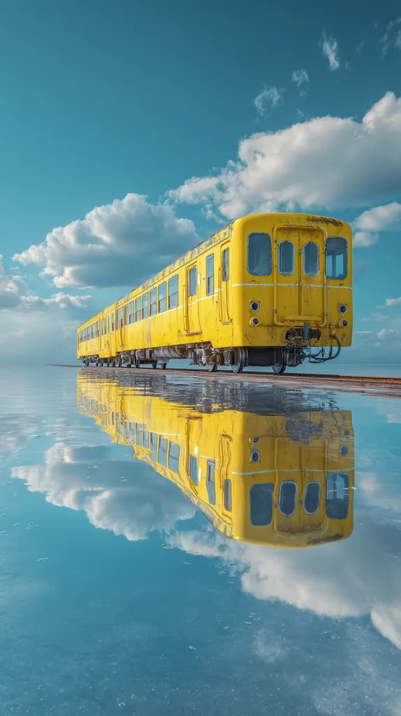 A vibrant yellow train sits on a seemingly endless body of water, its reflection mirroring perfectly in the still surface.  The sky above is a clear, bright blue, dotted with fluffy white clouds that are duplicated in the tranquil waters below. The scene is surreal and peaceful, creating a striking contrast between the man-made train and the natural beauty of the sky and water.