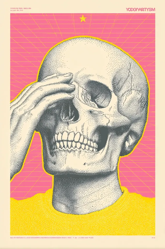 A stylized pointillist artwork depicts a skull in a yellow shirt, its hand covering one eye.  The skull is rendered in black and white against a vibrant pink and yellow background featuring a grid pattern. A single star is positioned above the skull. The style is reminiscent of 80s pop art, with bold colors and a graphic design aesthetic.  The overall impression is one of playful morbidity.