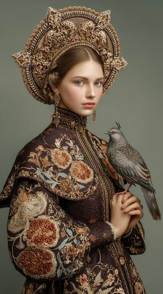A young woman in a richly embroidered, dark brown gown and elaborate gold headpiece holds a grey dove.  The gown features intricate floral patterns, while the kokoshnik-style headdress is ornate and majestic.  The overall aesthetic is one of regal elegance and historical Russian influence, creating a timeless and captivating portrait.