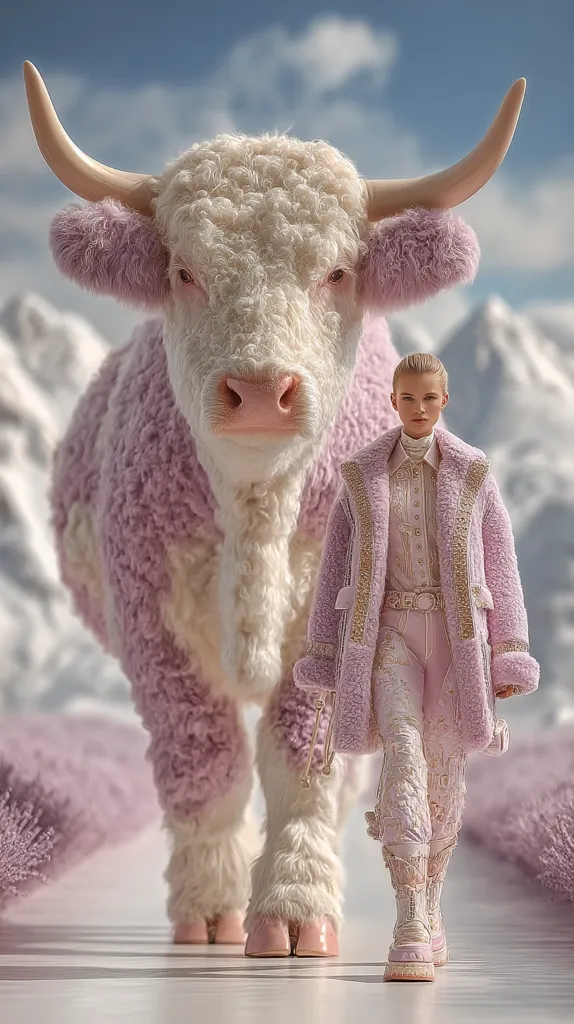 A fashion model in a pastel pink, fluffy coat and matching pants walks alongside a large, fluffy white cow with lavender-colored accents.  The cow and the model are positioned on a snowy, mountainous landscape with lavender accents on the ground. The scene is surreal and dreamlike, showcasing a unique juxtaposition of fashion and nature.