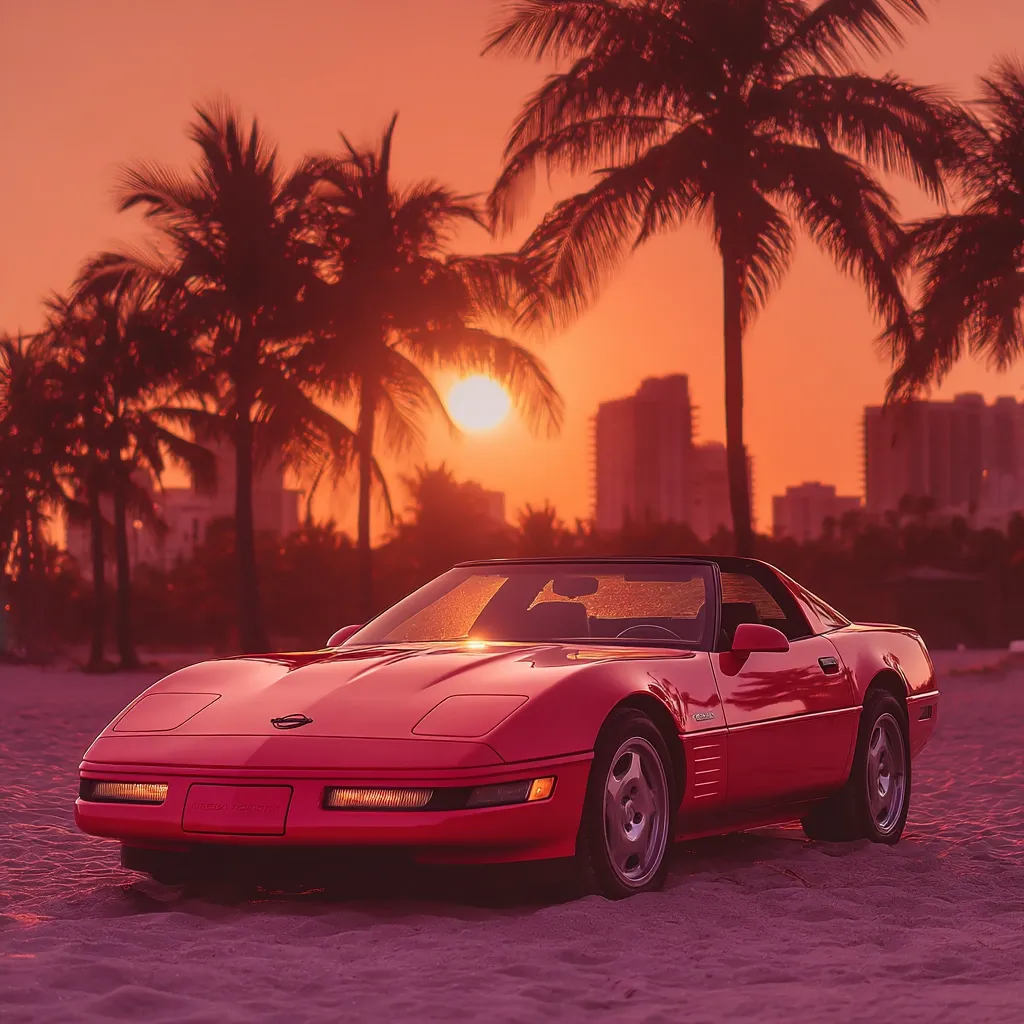 A vibrant red C4 Chevrolet Corvette is parked on a sandy beach at sunset.  Palm trees silhouette against a warm, orange sky, with city buildings visible in the distance. The scene evokes a classic, nostalgic, and idyllic Miami vibe.  The car gleams in the last rays of sunlight.