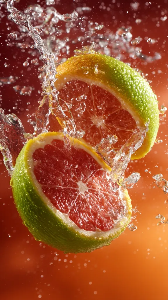 Two juicy grapefruit halves, vibrant red inside and green-tinged rind, are captured mid-air against a blurred orange background.  Water droplets splash dynamically around them, creating a sense of freshness and movement. The image is sharply focused on the fruit, highlighting its texture and color.  The overall effect is lively and appetizing.