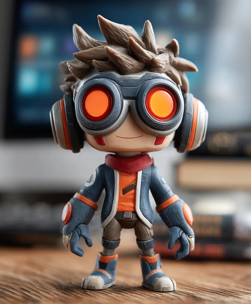 A close-up shot reveals a meticulously crafted figurine, possibly a character from a video game or animation.  The figure features a boyish design with spiky brown hair, large goggles with glowing orange lenses, and a futuristic outfit.  The figurine boasts intricate details, a charming expression, and is positioned on a wooden surface, with a blurred background suggesting a home or office setting.  The overall aesthetic is one of vibrant color and futuristic style.