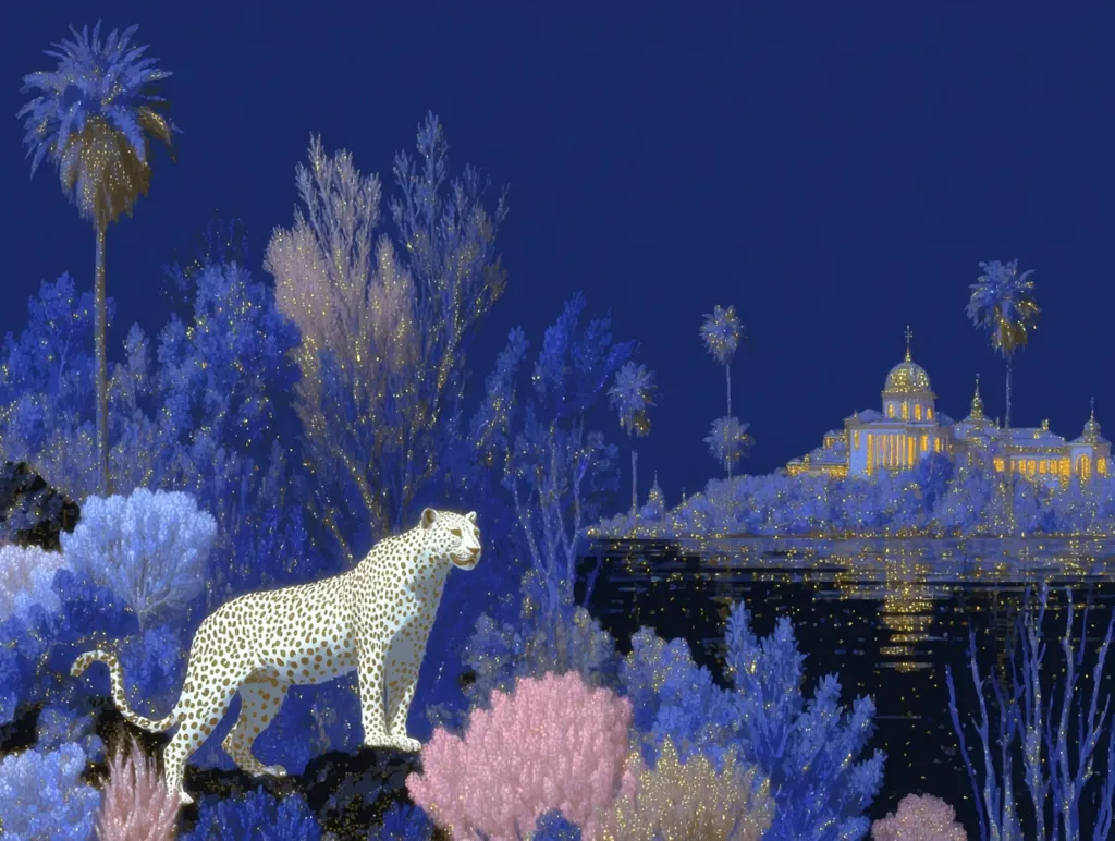 A white leopard with black spots stands amidst a glittering, stylized landscape.  Blue and pink foliage dominates the foreground, while palm trees and a grand, illuminated building sit on a hill across a dark body of water in the background.  The overall scene is dreamlike and surreal, with a nocturnal atmosphere enhanced by the sparkling textures.