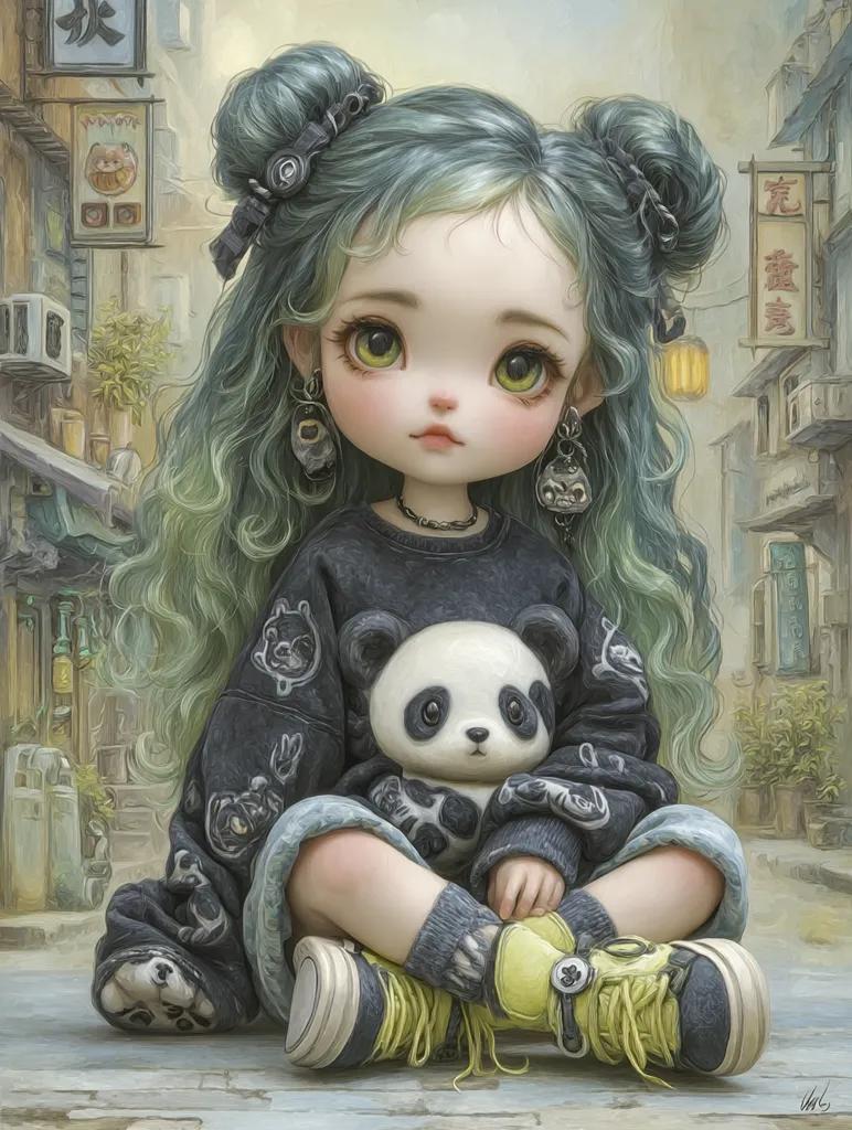 A digital painting of a cute doll-like girl with teal hair styled in top buns. She's wearing a dark grey sweater adorned with panda prints, denim shorts, and yellow-laced sneakers.  She sits cross-legged, clutching a plush panda. The background suggests an Asian-inspired alleyway with traditional signage. The style is whimsical and charming, with a focus on soft textures and colors.