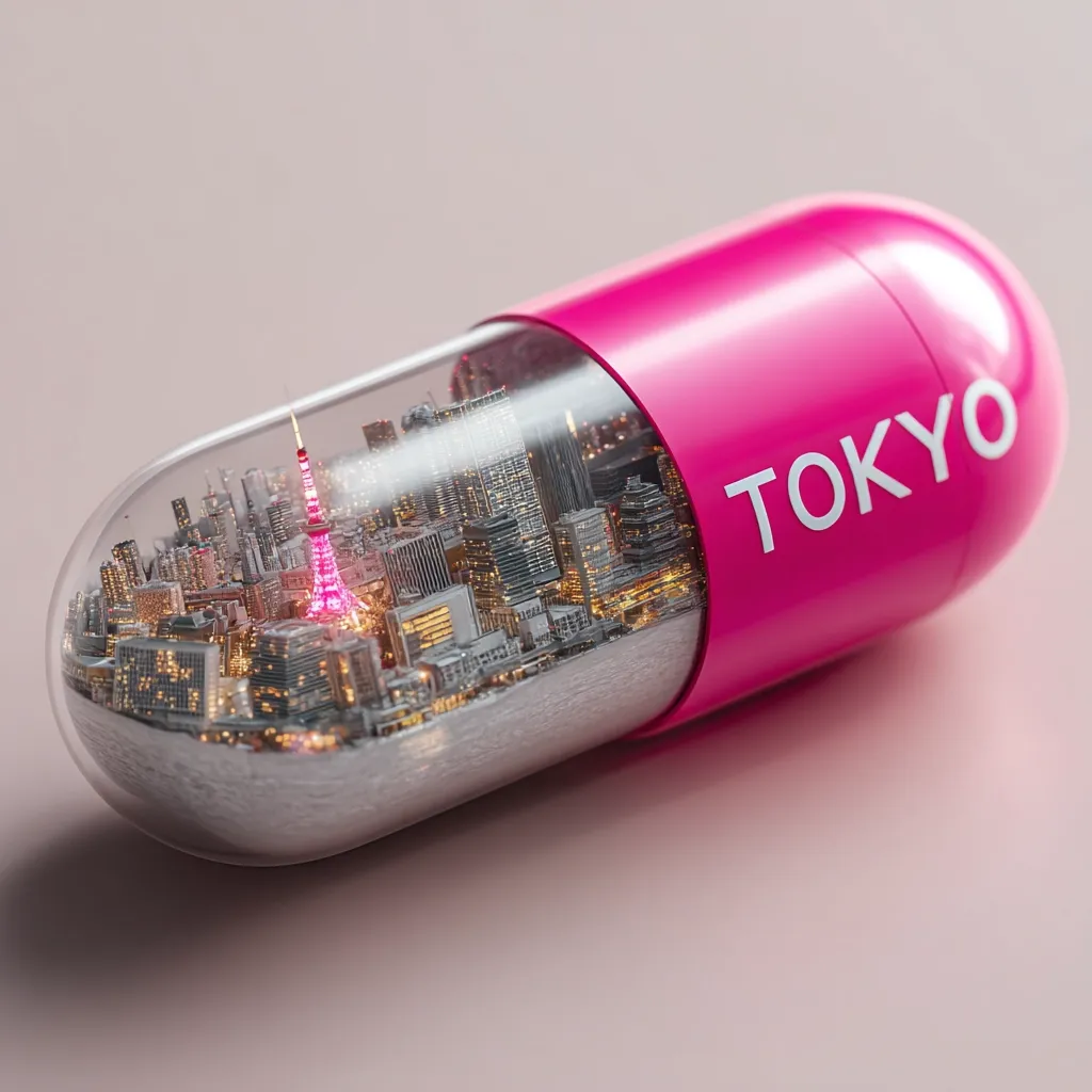 A large pink capsule contains a miniature cityscape of Tokyo.  The Tokyo Tower is prominently featured in the detailed miniature city nestled within the transparent section of the pill.  The word "TOKYO" is printed on the pink outer shell. The image suggests a conceptual representation of travel, perhaps highlighting the experience of visiting Tokyo as a concentrated event.