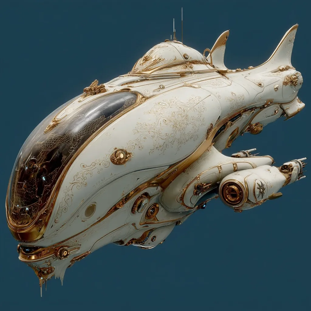 A sleek, white spaceship with ornate gold detailing is showcased against a teal backdrop.  Its design incorporates intricate floral and possibly dragon motifs, suggesting an elegant and possibly luxurious vessel.  The spaceship's form is aerodynamic yet features elaborate curves and embellishments, hinting at a blend of advanced technology and artistic design.  The cockpit is visible through a large, curved window.