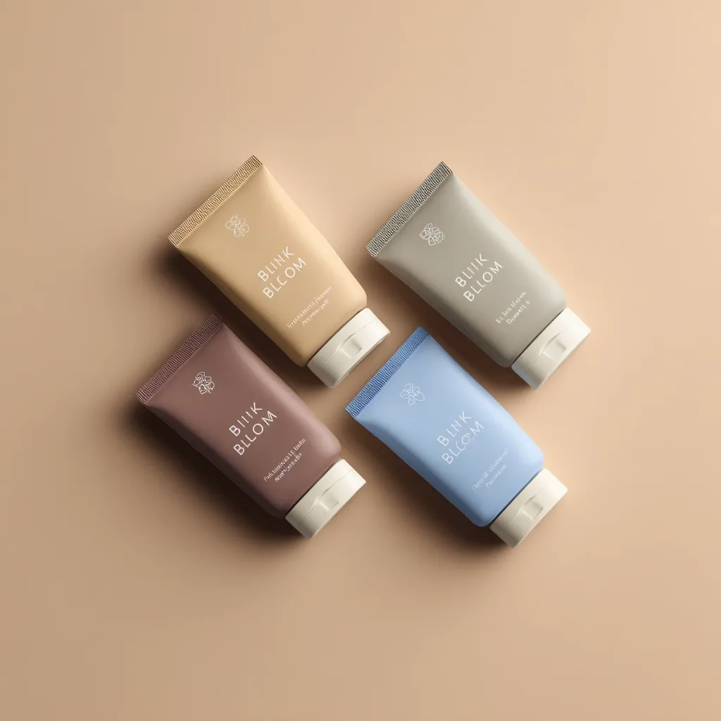 Four tubes of Blink Bloom skincare products are arranged in a cross pattern on a beige background.  Each tube is a different pastel color: beige, taupe, light blue, and mauve.  The brand name and product descriptions are subtly printed on each tube.  The image showcases a minimalist and sophisticated aesthetic.