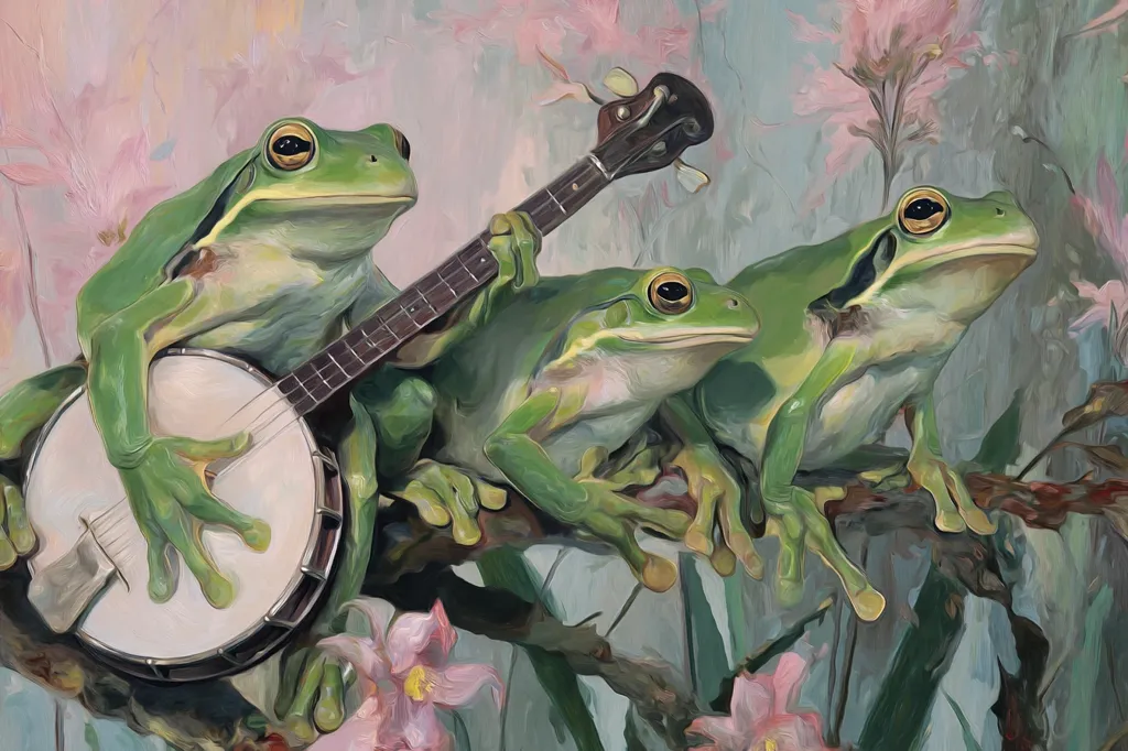 Three green tree frogs are depicted in a whimsical painting, perched on a branch amidst soft pink flowers.  One frog plays a banjo, its companions seemingly enjoying the performance. The style is painterly, with visible brushstrokes creating a textured effect. The overall mood is lighthearted and playful, reminiscent of a folk art illustration.