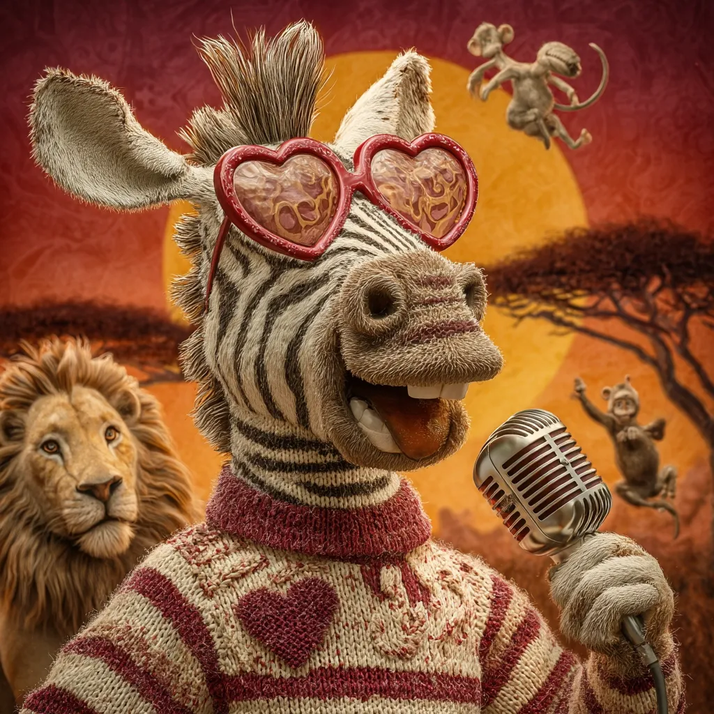 A cheerful zebra, wearing heart-shaped sunglasses and a cozy sweater, joyfully sings into a vintage microphone.  Two monkeys playfully leap in the background, set against a vibrant African sunset with a lion subtly watching. The scene is whimsical and charming, blending animal characters with a retro aesthetic.