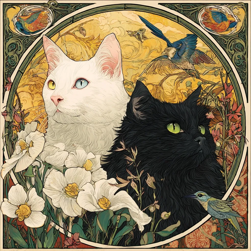 A stunning Art Nouveau-style illustration features a white cat with striking heterochromia iridum and a black cat, positioned side-by-side amidst a vibrant garden of flowers. Birds in flight surround the felines, adding to the whimsical, dreamlike atmosphere. The ornate border, reminiscent of Alphonse Mucha's work, enhances the piece's artistic elegance.  The image is rich in detail and color, creating a captivating scene of feline grace and natural beauty.