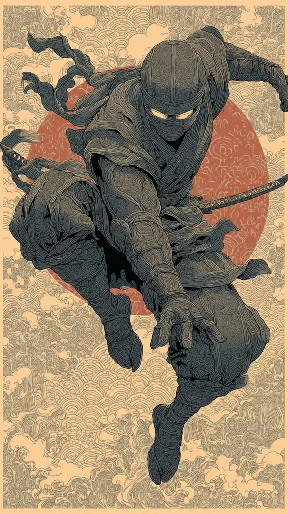 A stylized illustration depicts a ninja in mid-leap, his dark, intricately detailed garb flowing around him.  He holds a katana, partially visible.  The background is a beige-toned landscape of swirling clouds and a rising red sun, creating a dramatic and artistic representation of a classical Japanese warrior. The image is highly detailed, with a focus on texture and linework.